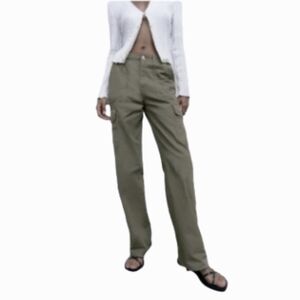 Zara Cargo Pants High Rise Straight Leg Army Green Pockets Relaxed Fit size 8